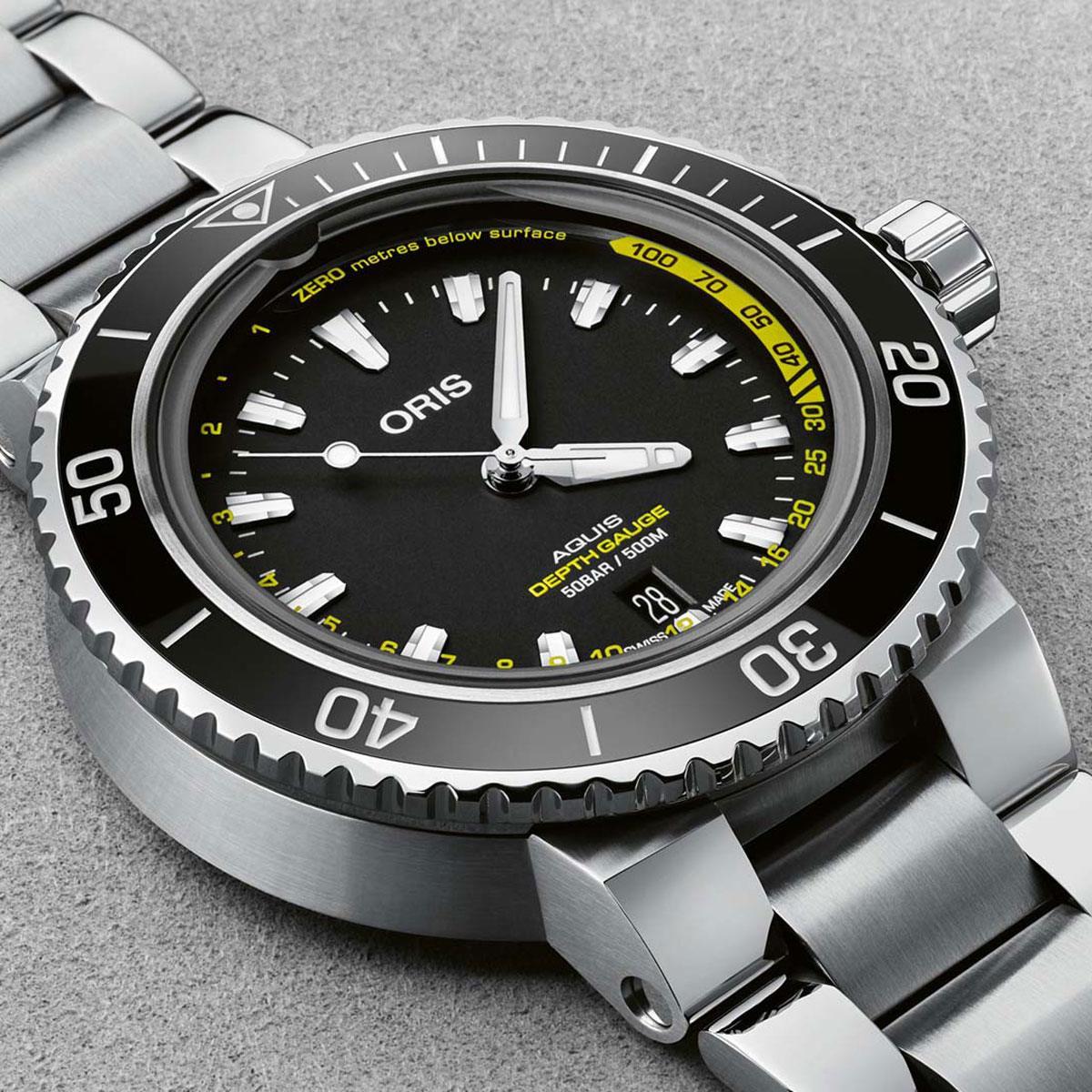 Oris Aquis Depth Gauge 45.80mm Watch, Black and Yellow Dial