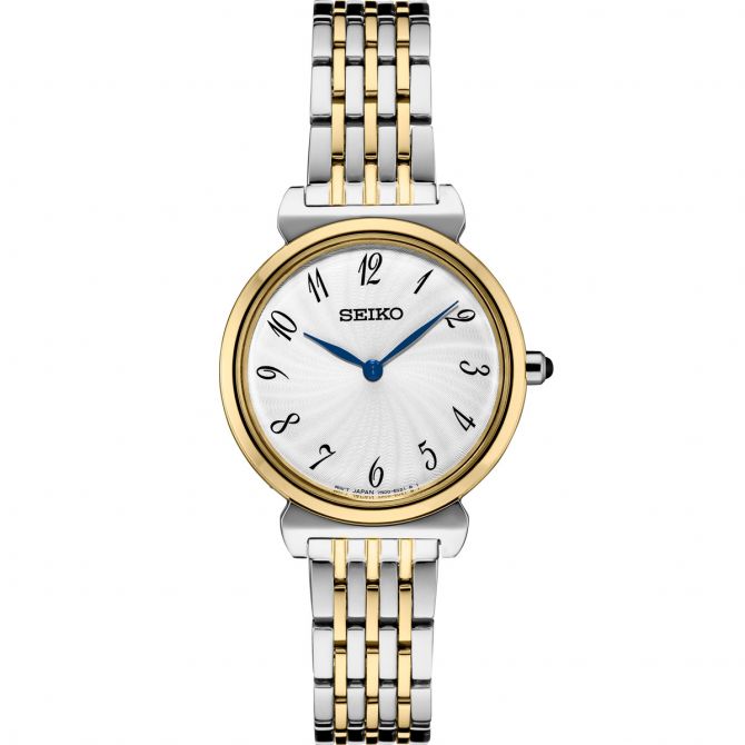Seiko Essentials 29.6mm Gold Tone and Stainless Steel Watch, Silver Patterned Dial