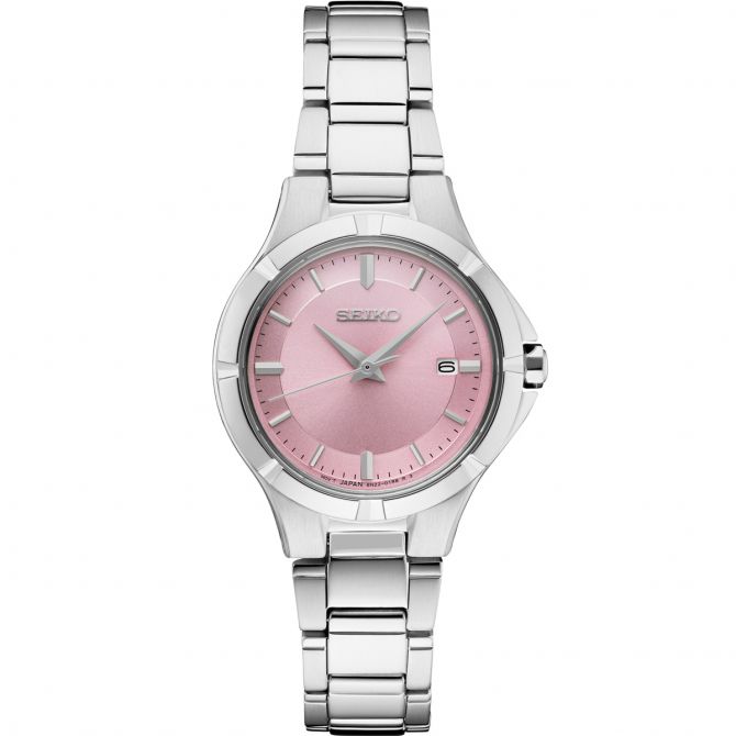 Seiko Essentials 27.4mm Stainless Steel Watch, Pink Dial