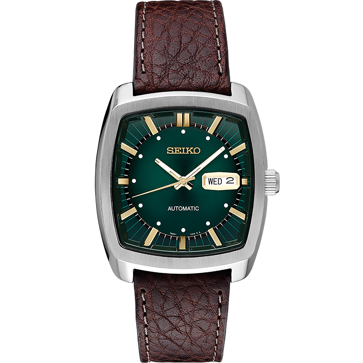 Seiko Recraft 39.5mm Brown Leather Watch, Green Dial