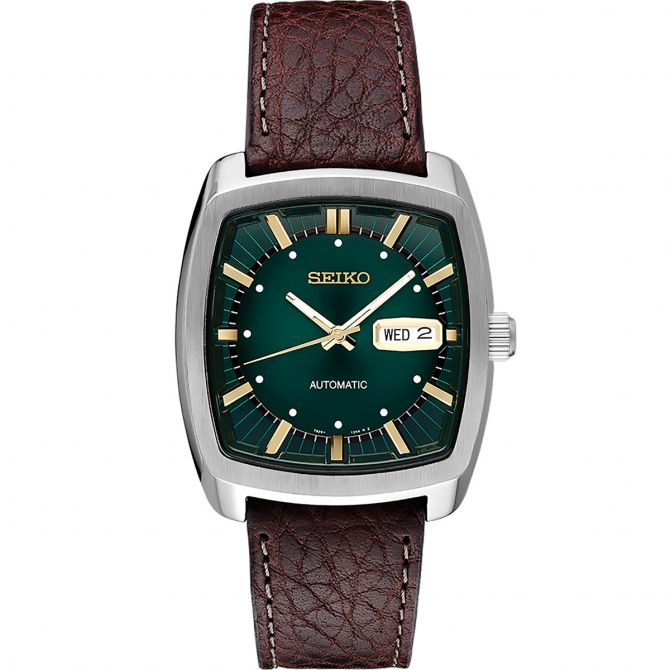 Seiko Recraft 39.5mm Brown Leather Watch, Green Dial