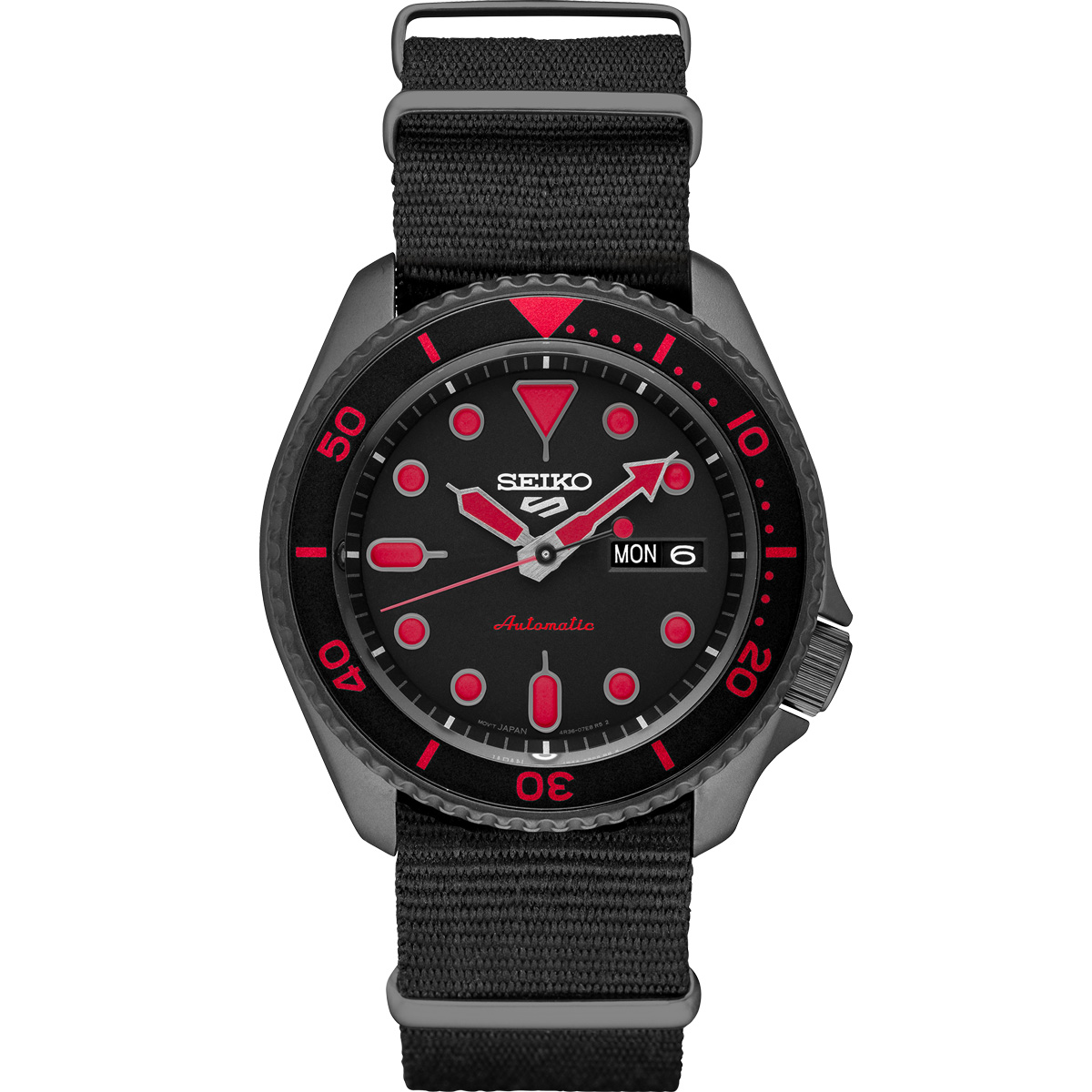 Seiko 5 Sports 42.5mm Black Nylon Watch, Red and Black Dial