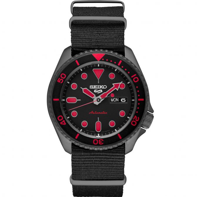 Seiko 5 Sports 42.5mm Black Nylon Watch, Red and Black Dial