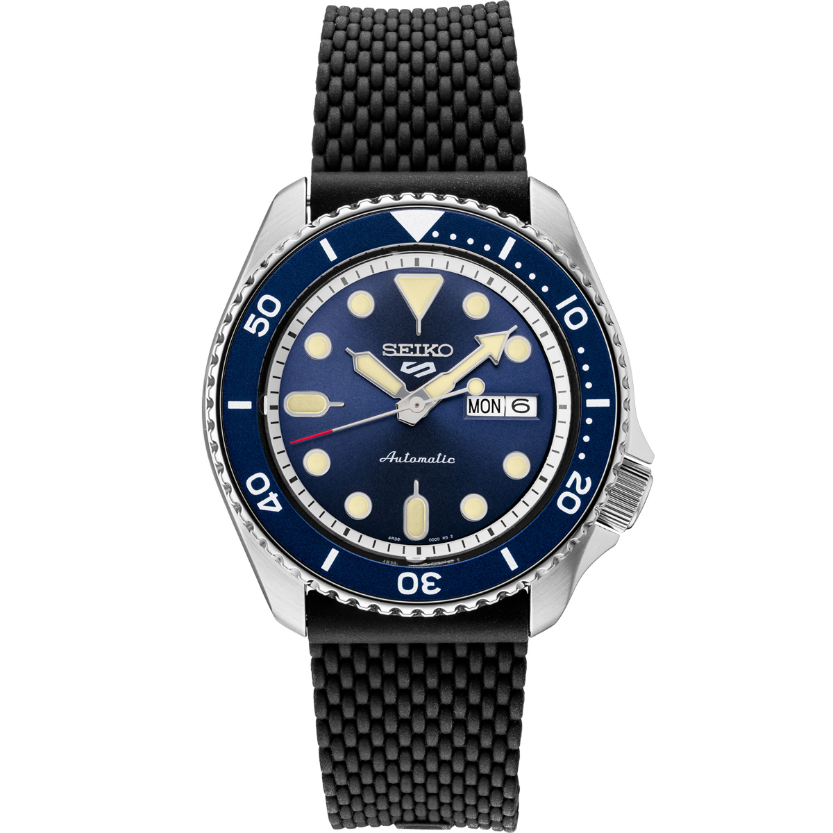 Seiko 5 Sports 42.5mm Black Silicone Watch, Blue and Cream Sunray Dial
