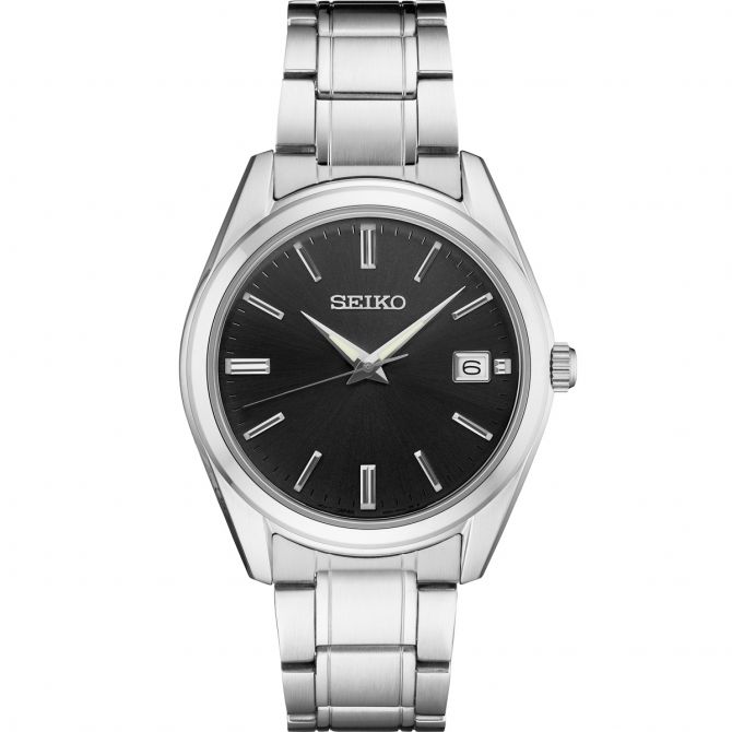 Seiko Essentials 40.2mm Stainless Steel Watch, Black and Silver Dial