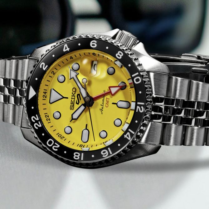 Seiko 5 Sports SKX GMT 42.5mm Men's Watch, Yellow Dial | SSK017