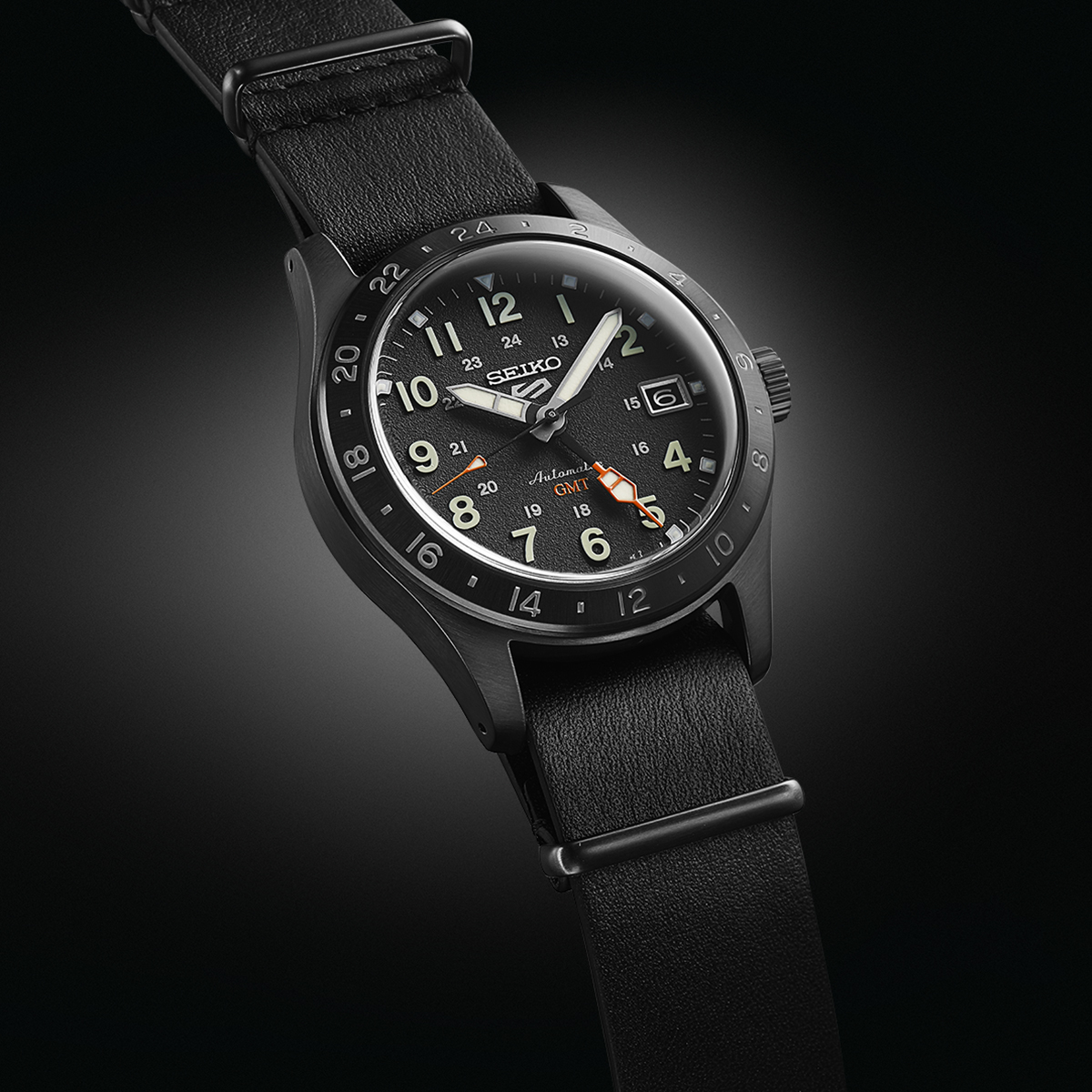 Seiko 5 Sports Field GMT 39.4 mm Leather Strap Watch, Black Dial