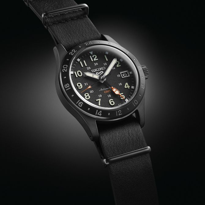 Seiko Sports Field GMT mm Leather Strap Watch, Black Dial