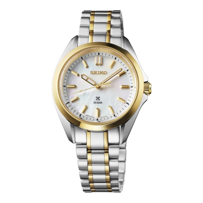 Seiko X Prospex 34mm Women's Watch, Gold and Mother Of Pearl Dial