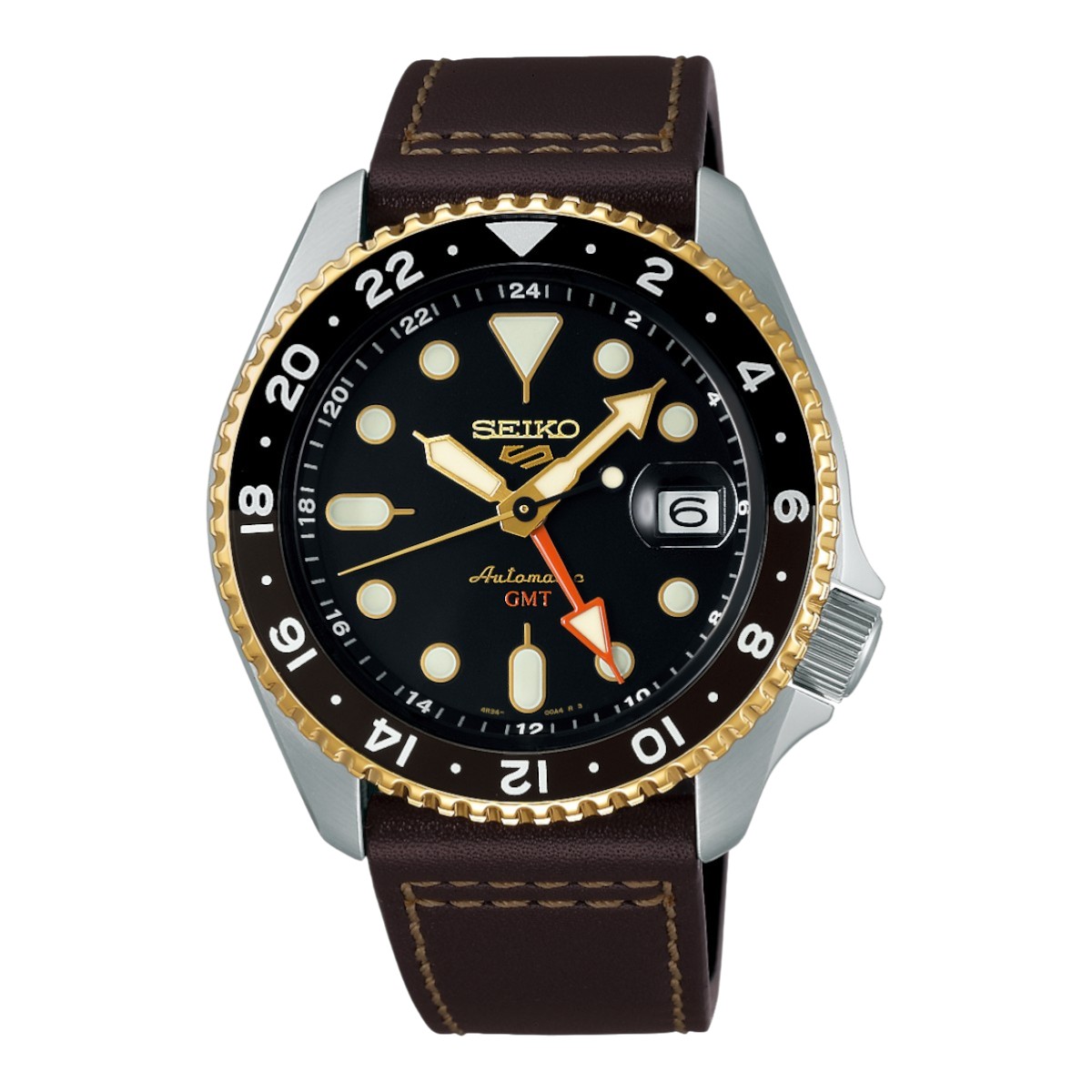 Seiko 5 Sports SKX Series 42.5mm Men's Watch, Black Dial and Brown Leather Strap