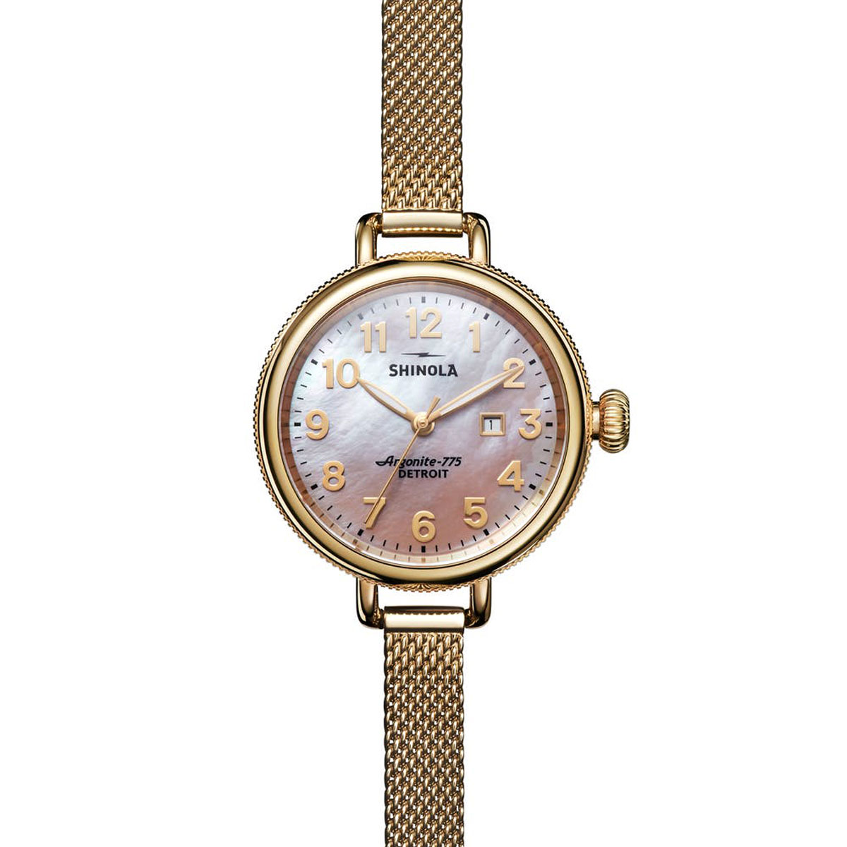 Shinola Birdy 34mm Gold Tone Mesh Women's Watch, Rose Gold Dial