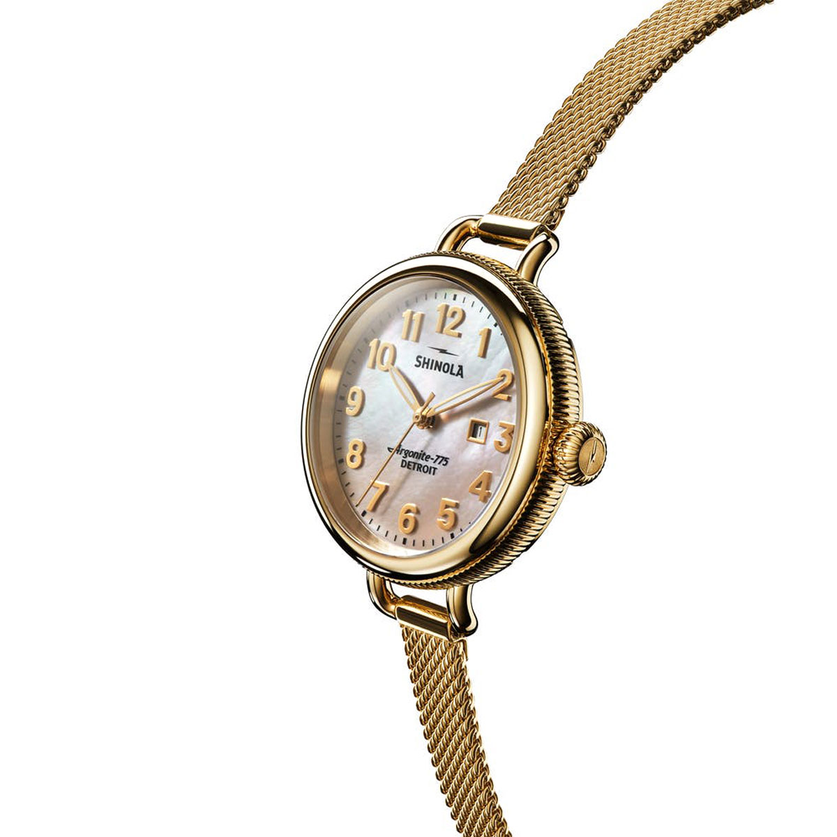 Shinola Birdy 34mm Gold Tone Mesh Women's Watch, Rose Gold Dial