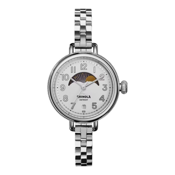 Shinola Birdy Moon Phase 34mm Women's Watch, Silver Dial