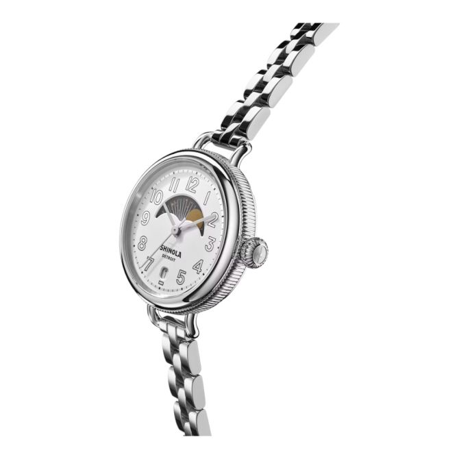Shinola Birdy Moon Phase 34mm Women's Watch, Silver Dial