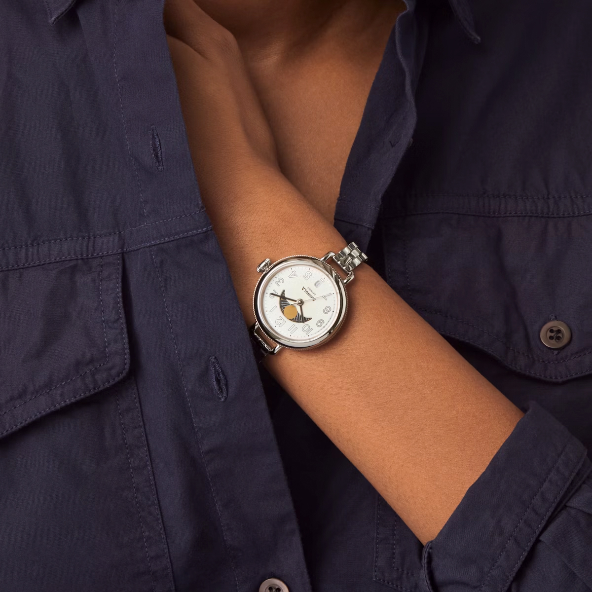Shinola Birdy Moon Phase 34mm Women's Watch, Silver Dial