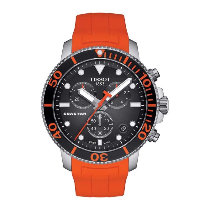 Tissot Seastar 1000 Powermatic 80 Watch, Black Dial with Orange Strap