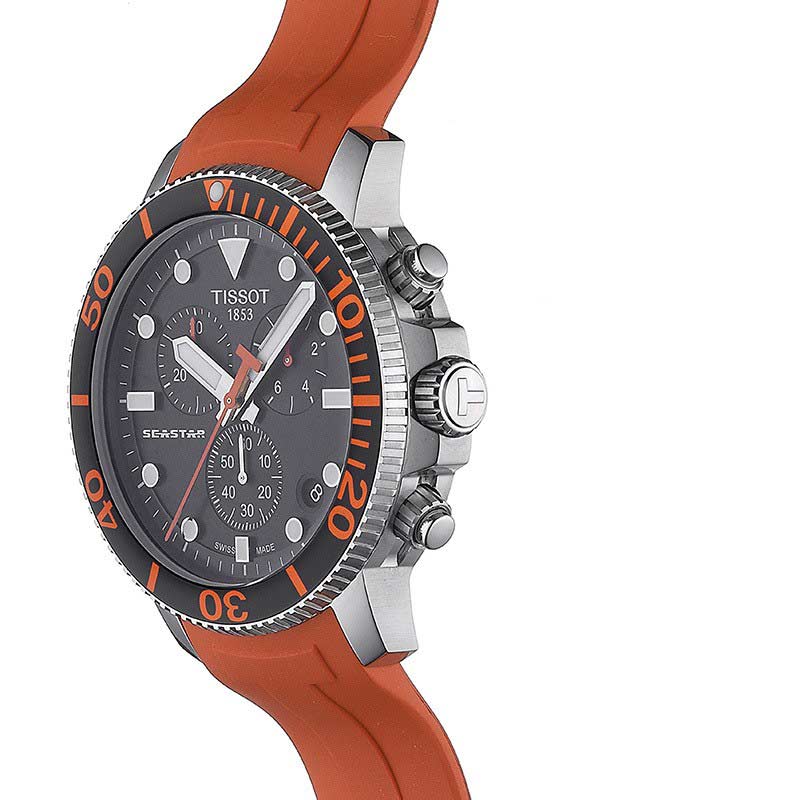 Tissot Seastar 1000 Powermatic 80 Watch, Black Dial with Orange Strap