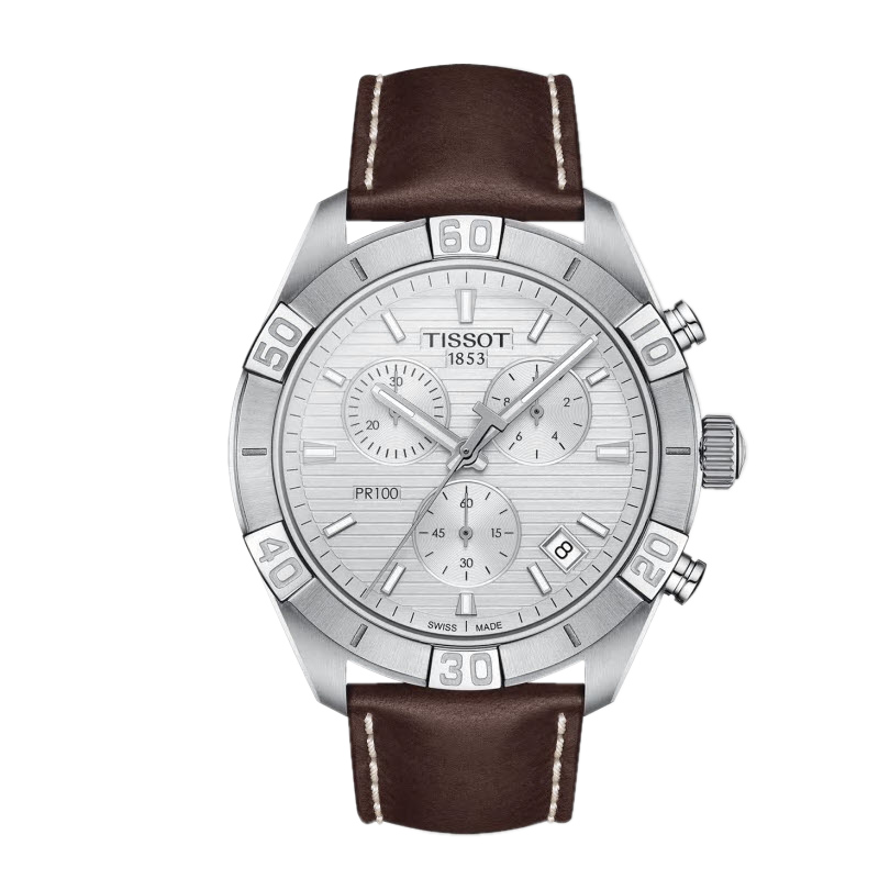 Tissot PR 100 Sport Men's 44mm Chronograph Watch, Silver Dial and Brown Band