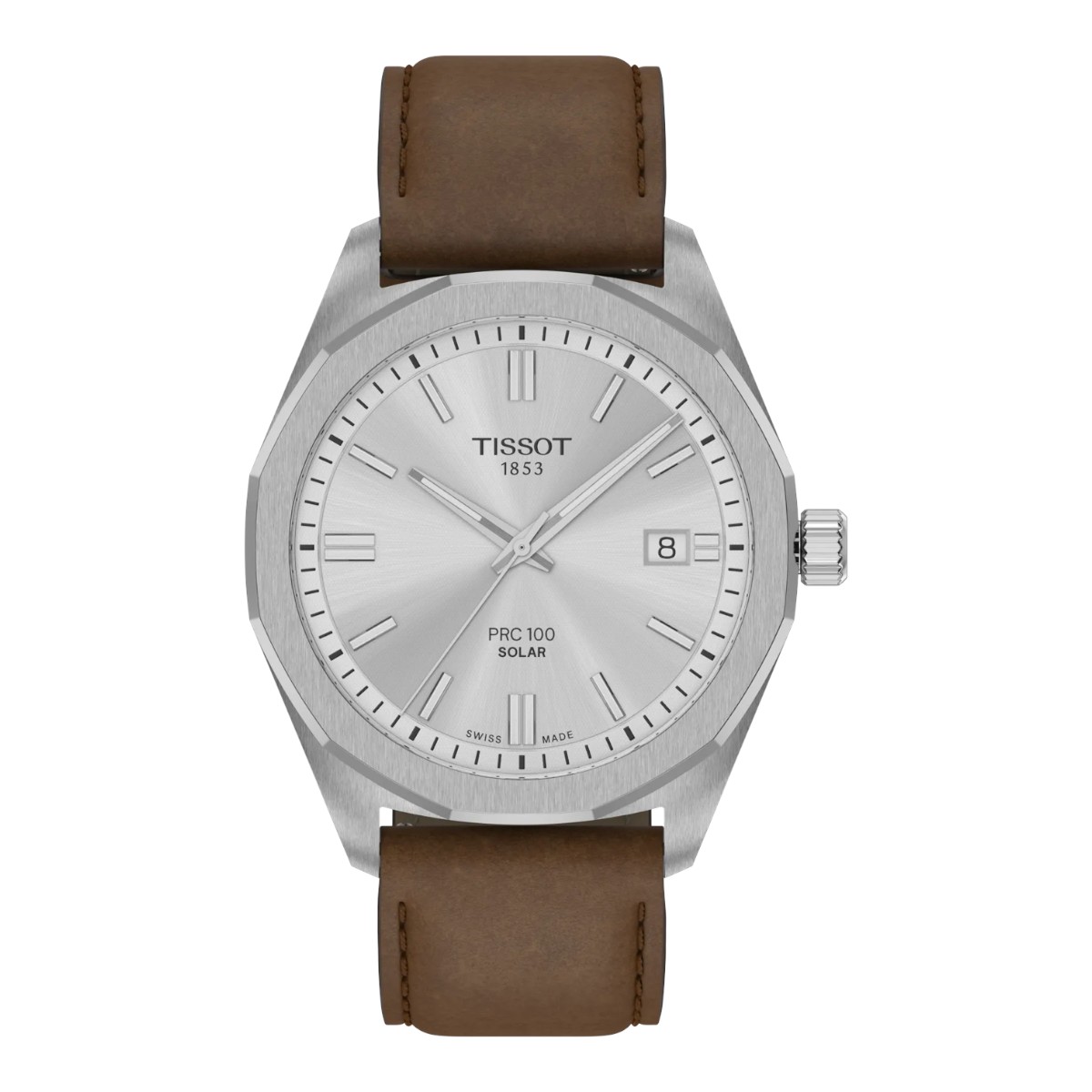 Tissot PRC 100 Solar Quartz 39mm Men's Watch, Silver Dial and Brown Strap