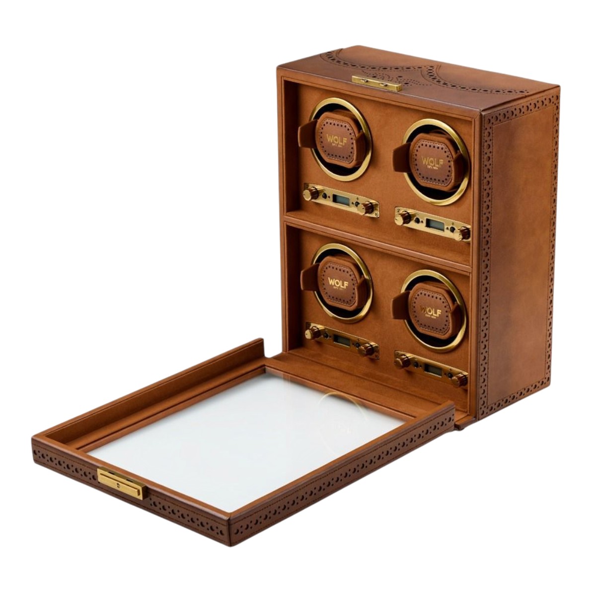 WOLF Brogue 4 Piece Watch Winder, Burnished Brown