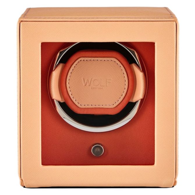 WOLF Cub Single Watch Winder With Cover, Seltzer Peach and Orange