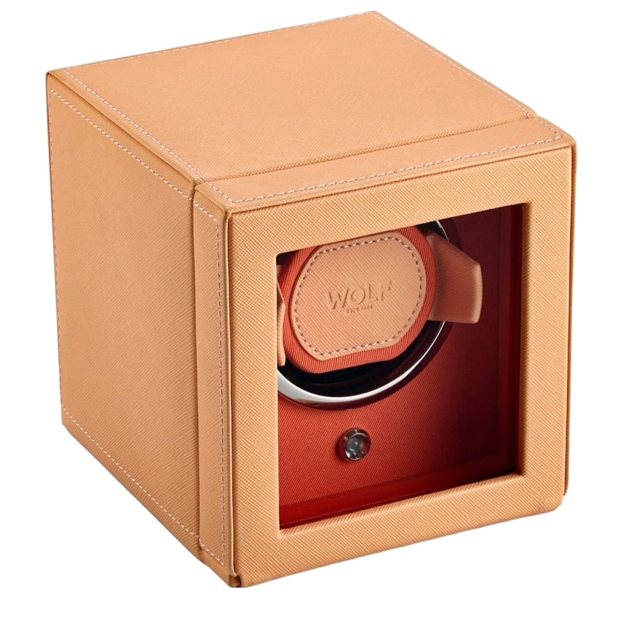 WOLF Cub Single Watch Winder With Cover, Seltzer Peach and Orange