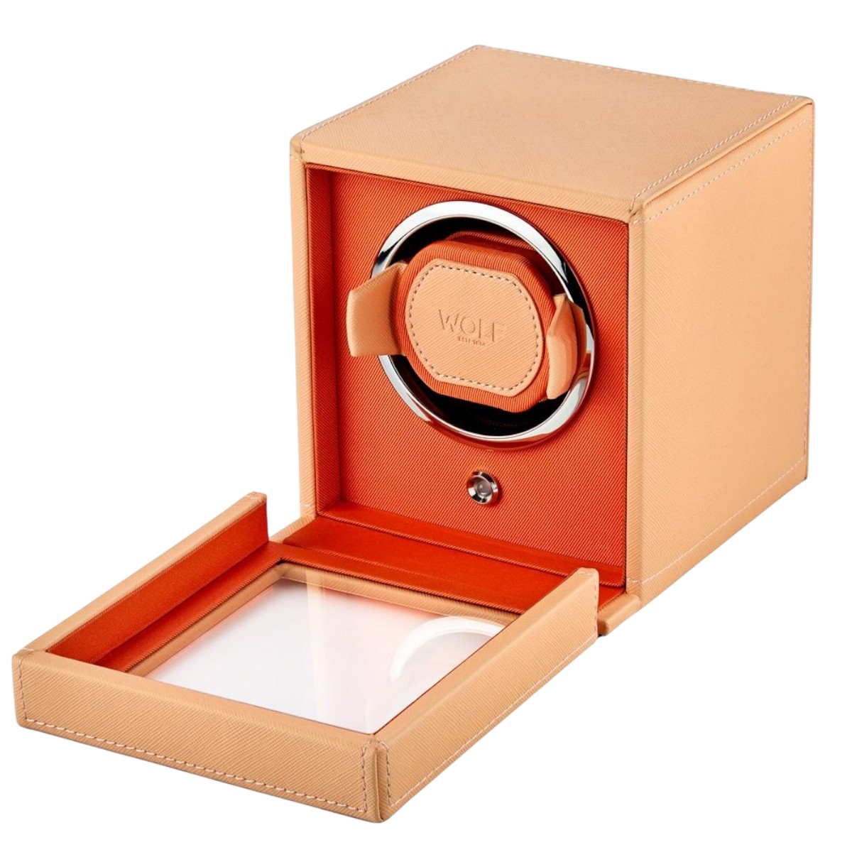 WOLF Cub Single Watch Winder With Cover, Seltzer Peach and Orange