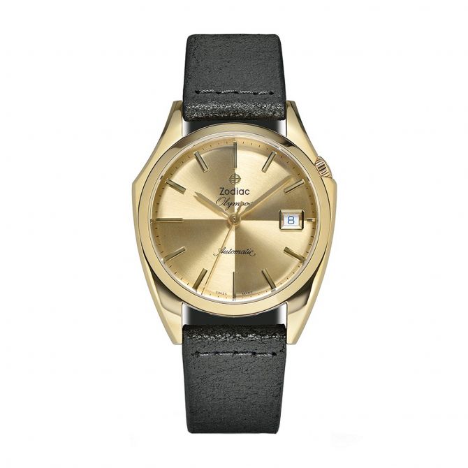Zodiac Olympos Automatic Black Leather 37mm Watch, Gold Tone Dial