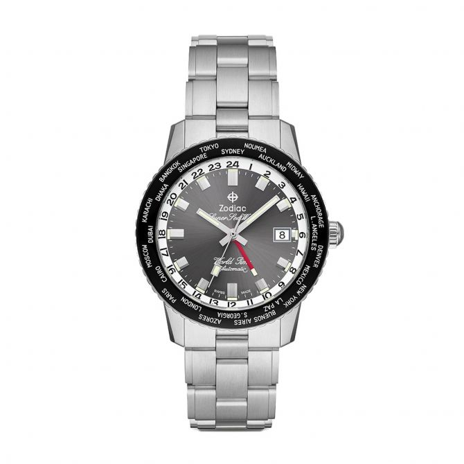 Zodiac Limited Edition Super Sea Wolf World Time Automatic Stainless Steel Watch, Slate Grey Dial