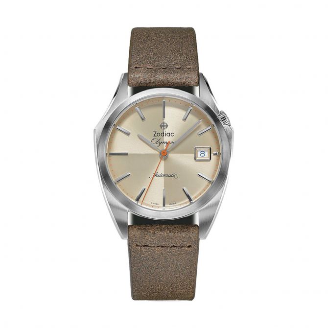 Zodiac Olympos Automatic Brown Leather 37mm Watch, Nude Dial