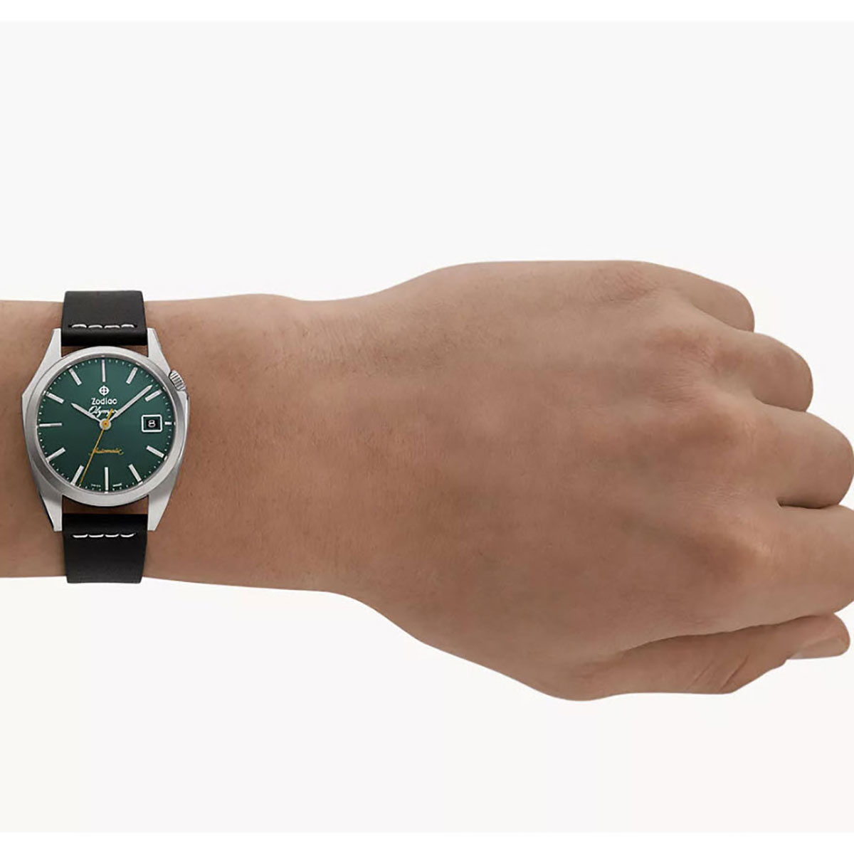 Zodiac Olympos Automatic Leather 37 mm Watch, Green Dial