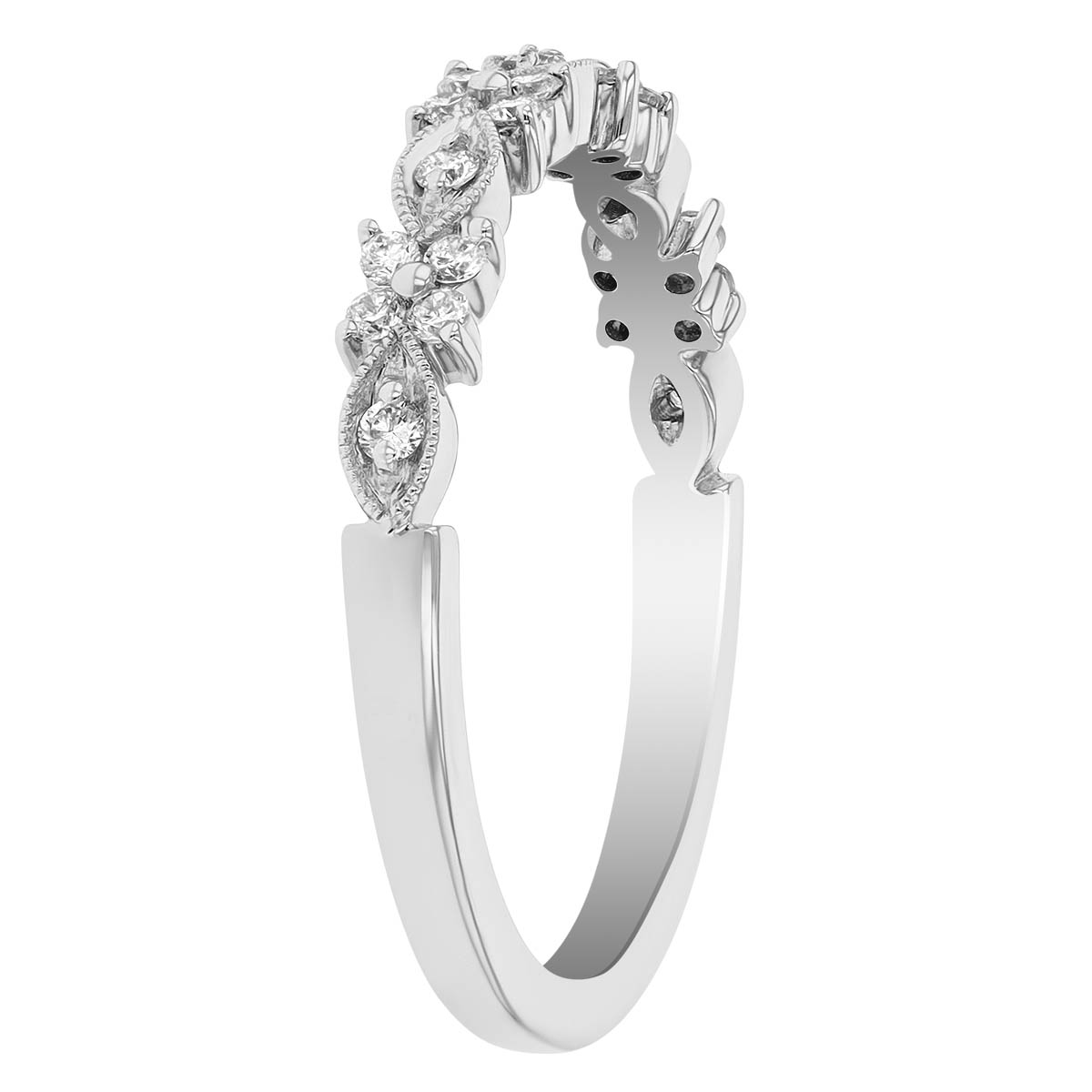 Diamond Milgrain Flower & Marquise Patterned Wedding Band in White Gold