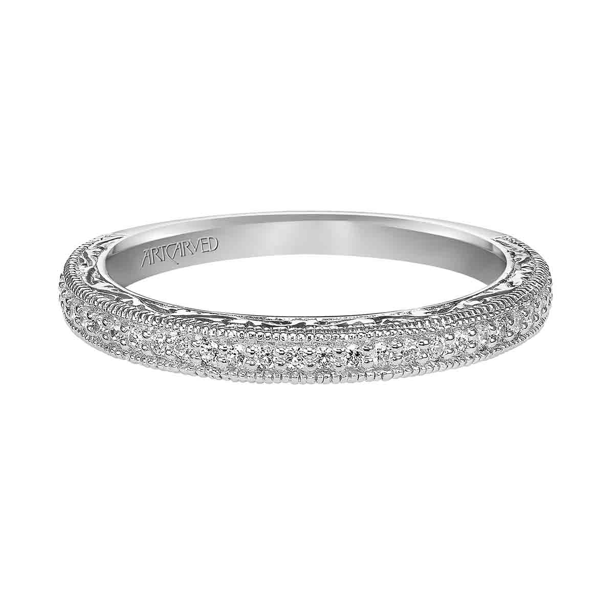ArtCarved 14K White Gold Diamond Milgrain Wedding Band with Scrolled Gallery
