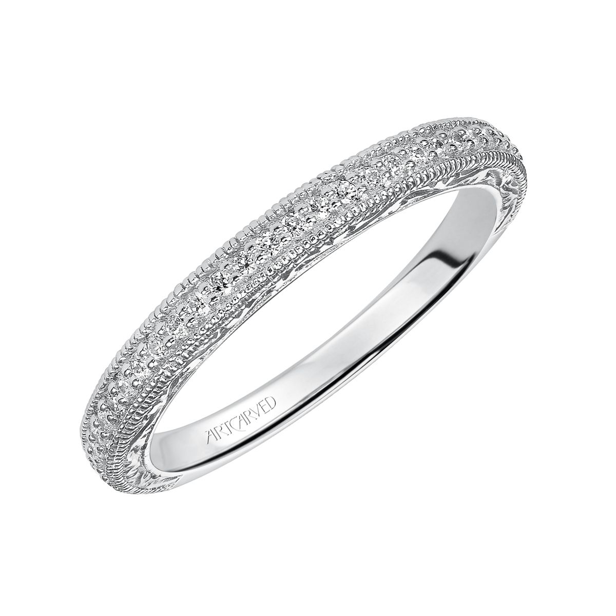 ArtCarved 14K White Gold Diamond Milgrain Wedding Band with Scrolled Gallery