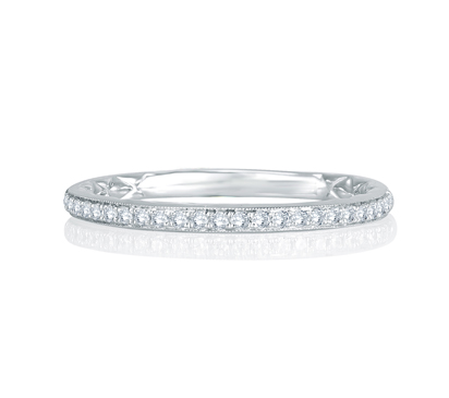 A. Jaffe 14K White Gold Round Diamond Milgrain Euro Shank Wedding Band with Quilted Interior
