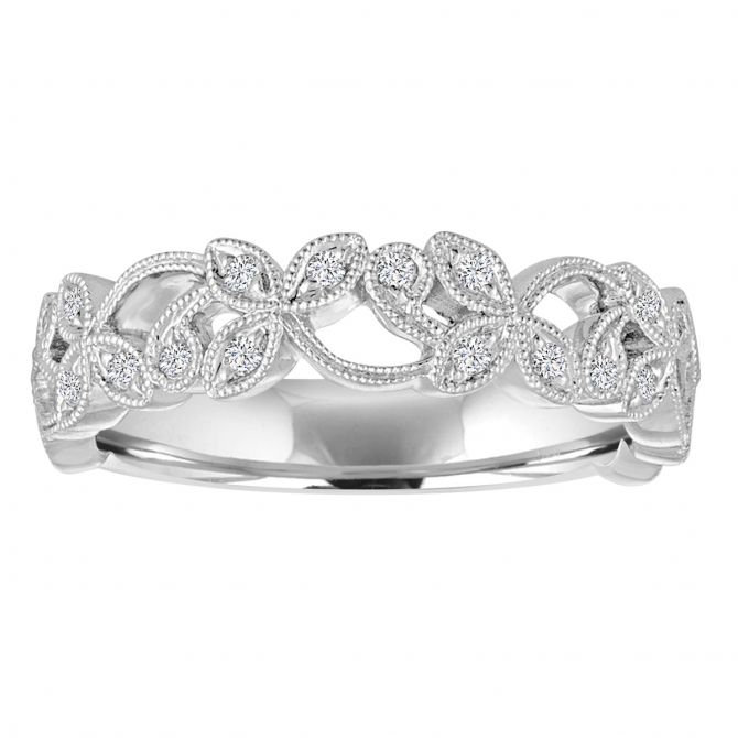 Diamond Milgrain Leaf Filigree Pattern Wedding Band in White Gold