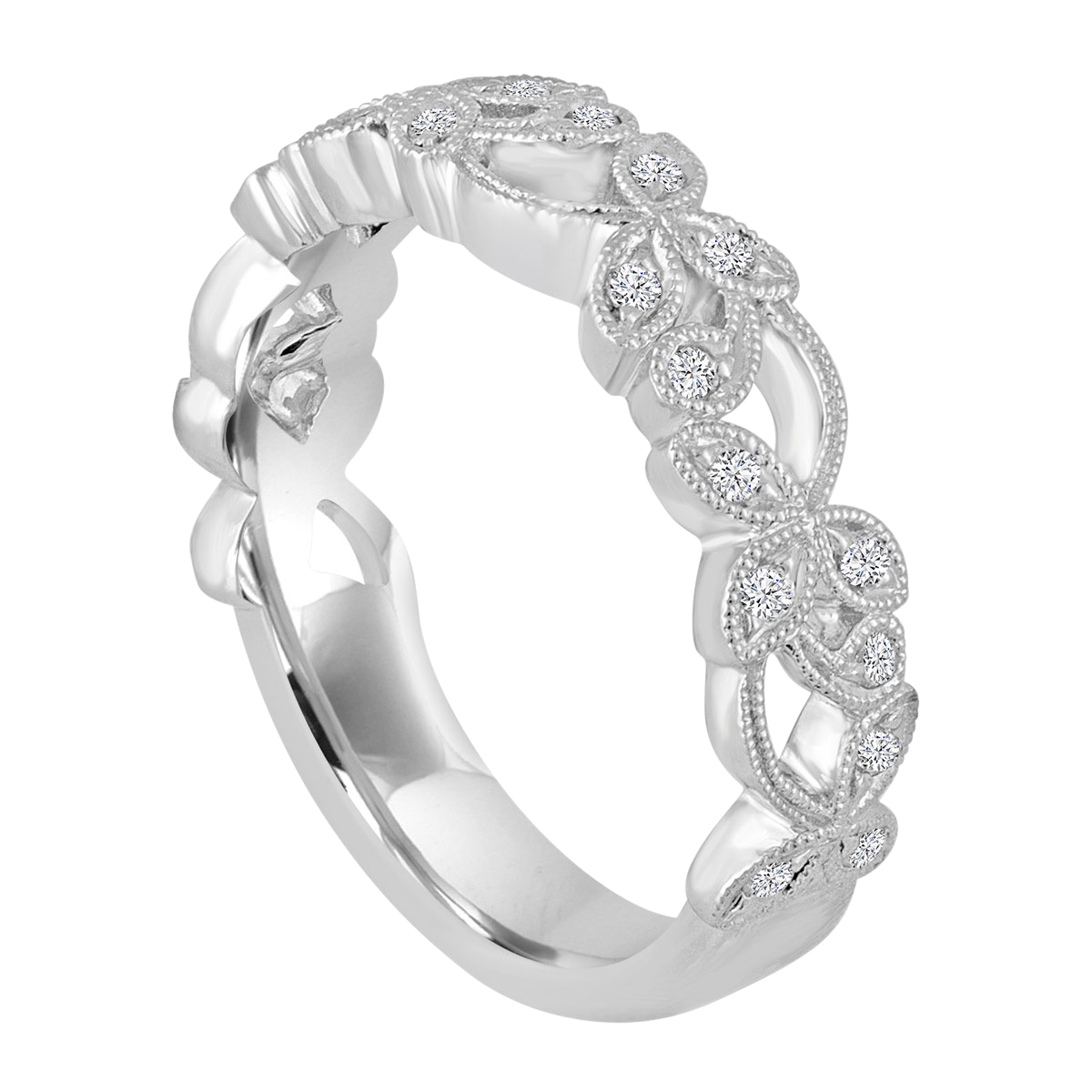 Diamond Milgrain Leaf Filigree Pattern Wedding Band in White Gold