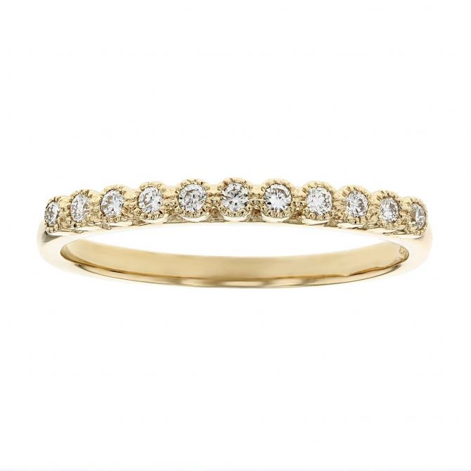 14K Yellow Gold Round Diamond Milgrain Bezel Set Wedding Band