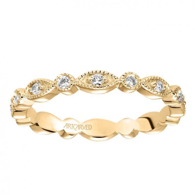 ArtCarved Diamond Stackable Milgrain Patterned Eternity Band in Yellow Gold