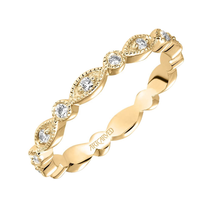 ArtCarved Diamond Stackable Milgrain Patterned Eternity Band in Yellow Gold