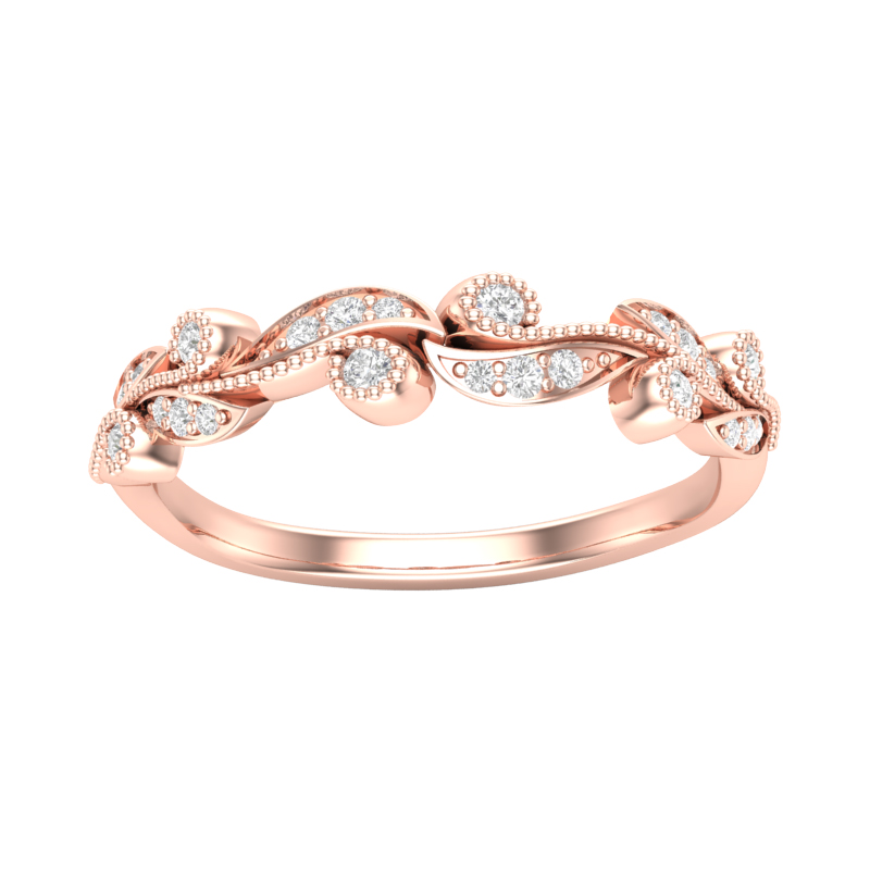 Diamond Milgrain Scrolled Leaf Pattern Wedding Band in Rose Gold