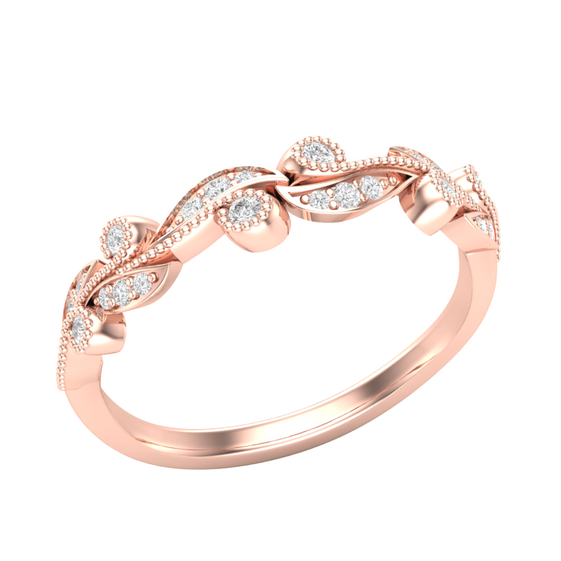 Diamond Milgrain Scrolled Leaf Pattern Wedding Band in Rose Gold