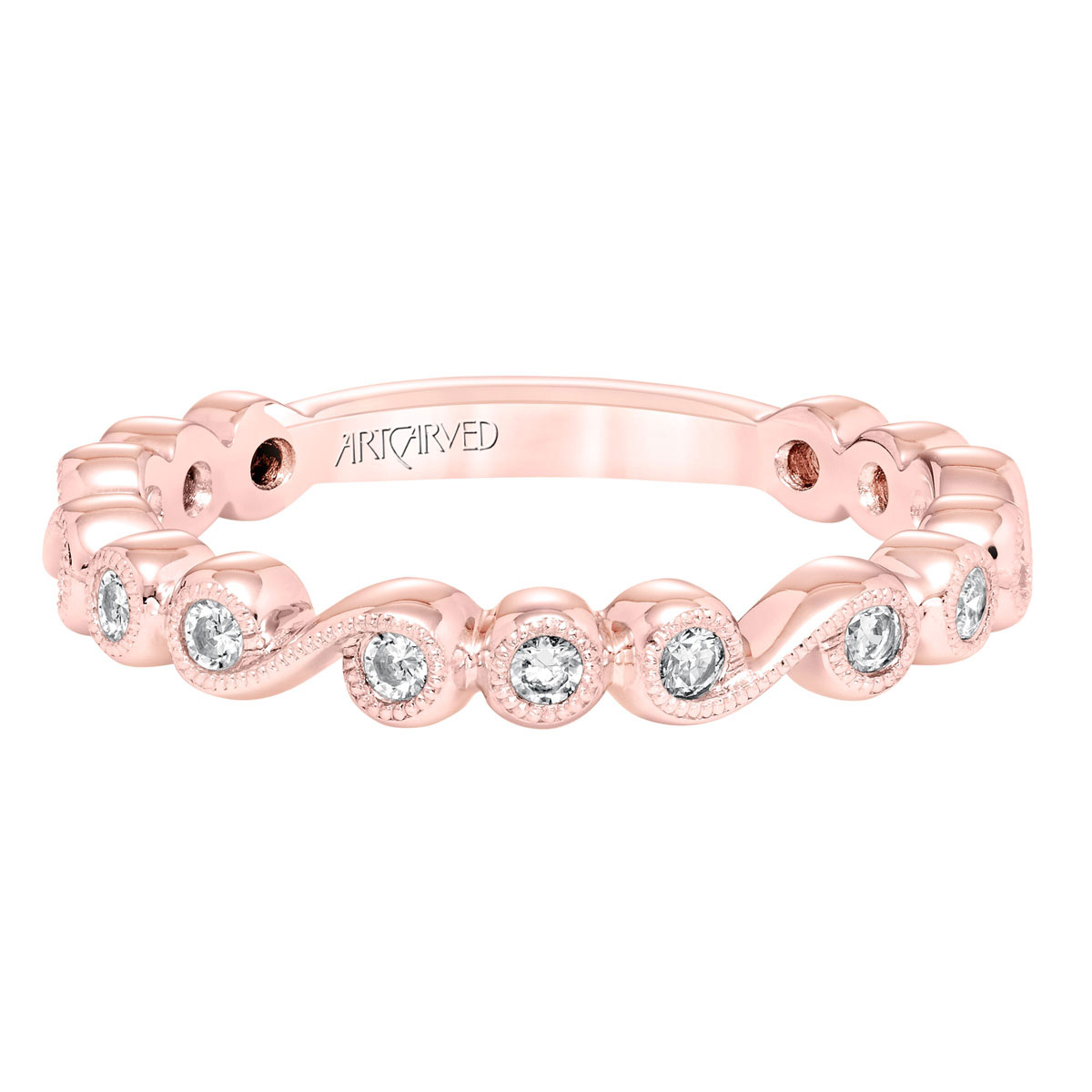 ArtCarved Diamond Milgrain Scroll Pattern Wedding Band in Rose Gold