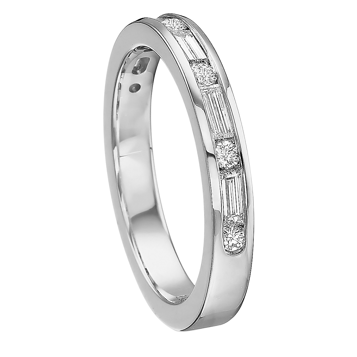 Round & Baguette Diamond Channel Set Wedding Band in White Gold