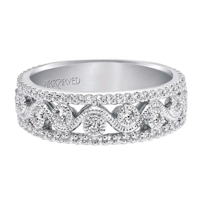 ArtCarved Diamond Wedding Band with Pavé Edge and Scroll Pattern in White Gold
