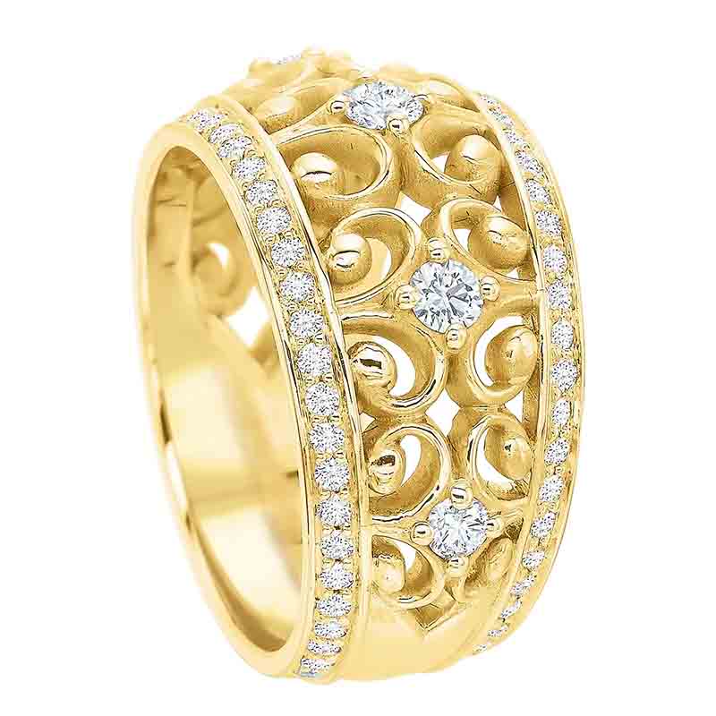 Diamond Scrollwork Wide Wedding Band in Yellow Gold