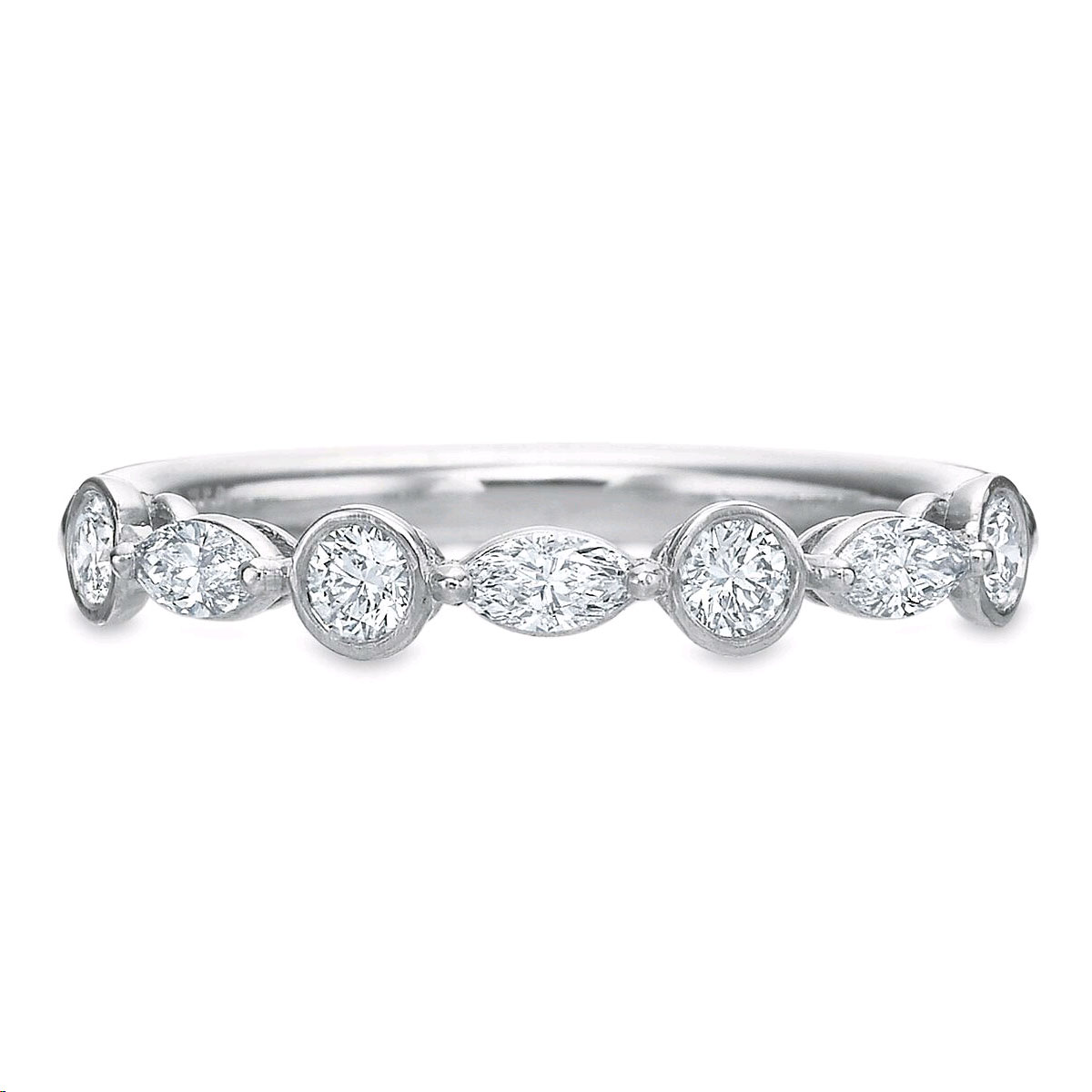 Airline Marquise & Round Diamond Bezel Set Wedding Band in White Gold