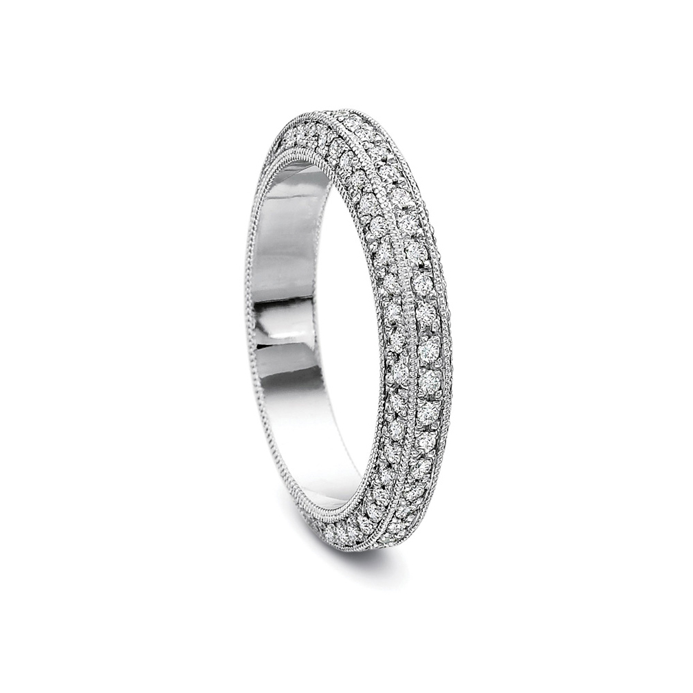 18K White Gold Diamond Beveled 3 Row Milgrain Eternity Band
