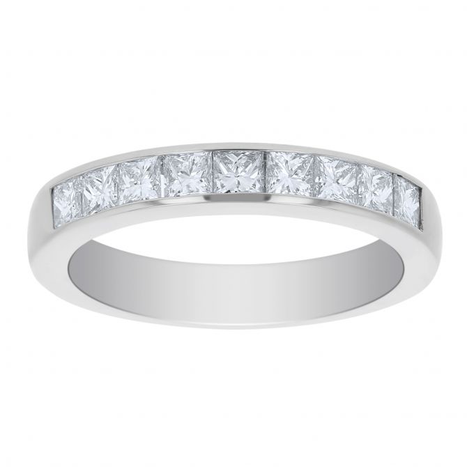 White Gold Channel Set Princess Cut Diamond Wedding Band, 0.75cttw