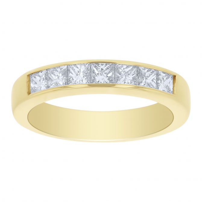 Yellow Gold Channel Set Princess Cut Diamond Wedding Band, 0.75cttw
